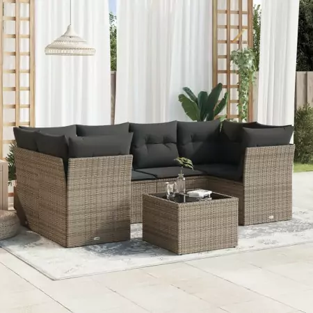 Set Divani da Giardino 7 pz con Cuscini Grigio in Polyrattan