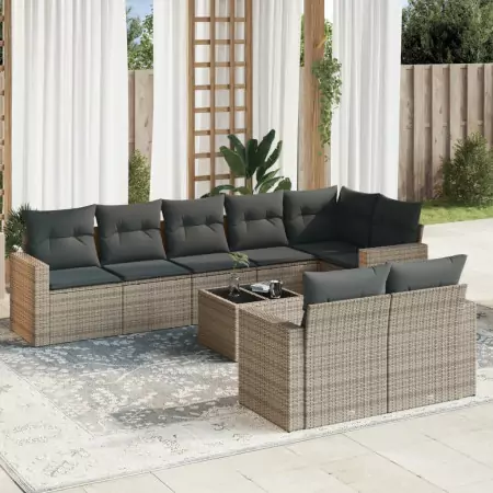 Set Divano da Giardino 9 pz con Cuscini Grigio in Polyrattan