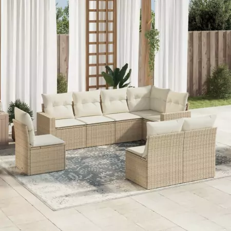 Set Divano da Giardino 8 pz con Cuscini Beige in Polyrattan