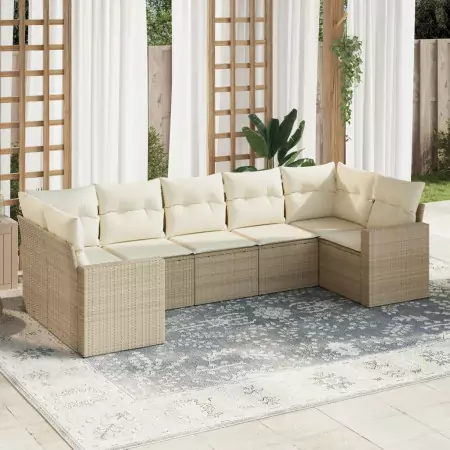 Set Divani da Giardino 7 pz con Cuscini Beige in Polyrattan