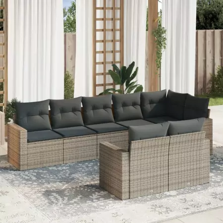 Set Divano da Giardino 8 pz con Cuscini Grigio in Polyrattan