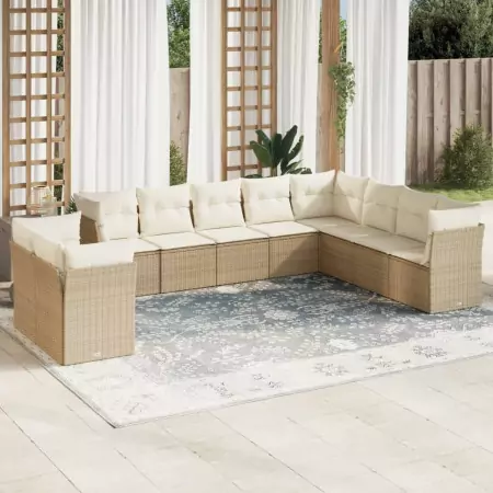 Set Divano da Giardino 10 pz con Cuscini Beige in Polyrattan