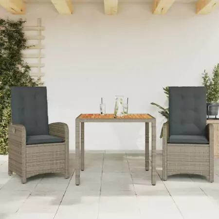 Set da Pranzo da Giardino 3 pz con Cuscini in Polyrattan Grigio