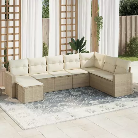 Set Divano da Giardino 8 pz con Cuscini Beige in Polyrattan