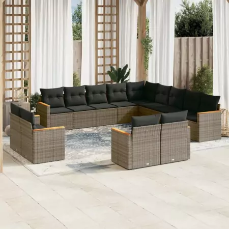 Set Divani da Giardino 13 pz con Cuscini Grigio in Polyrattan