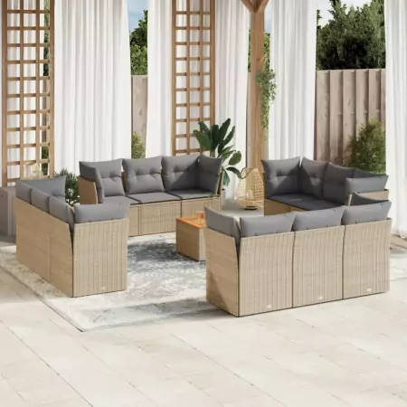 Set Divano da Giardino 13 pz con Cuscini Beige Misto Polyrattan