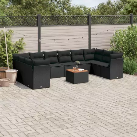 Set Divani da Giardino 11 pz con Cuscini in Polyrattan Nero