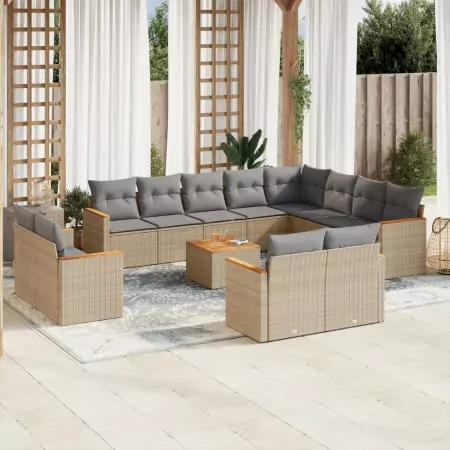 Set Divano da Giardino 13 pz con Cuscini Beige Misto Polyrattan