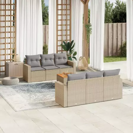 Set Divano da Giardino 7 pz con Cuscini Beige Misto Polyrattan