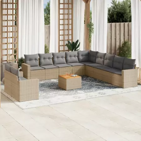 Set Divano da Giardino 12 pz con Cuscini Beige Misto Polyrattan