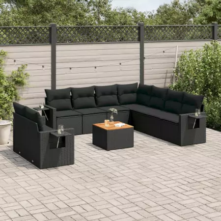 Set Divani da Giardino 10pz con Cuscini in Polyrattan Nero