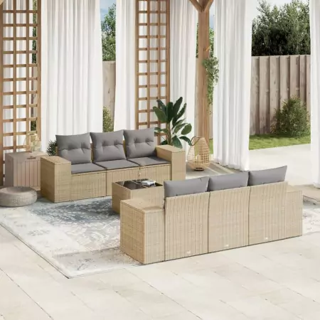 Set Divani da Giardino 7 pz con Cuscini Beige in Polyrattan