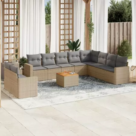 Set Divano da Giardino 11 pz con Cuscini Beige Misto Polyrattan