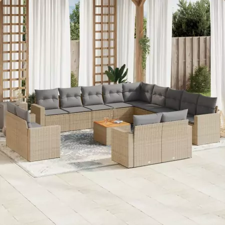 Set Divano da Giardino 14 pz con Cuscini Beige Misto Polyrattan