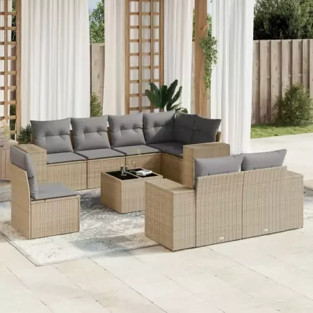 Set Divano da Giardino 9 pz con Cuscini Beige in Polyrattan