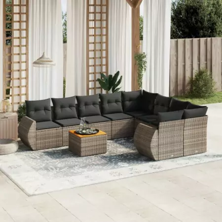 Set Divano da Giardino 9 pz con Cuscini Grigio in Polyrattan