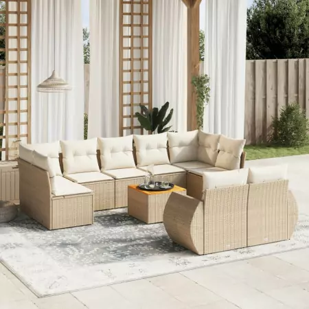 Set Divano da Giardino 10 pz con Cuscini Beige in Polyrattan