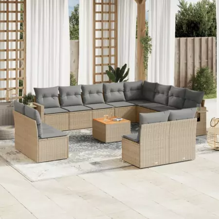 Set Divano da Giardino 13 pz con Cuscini Beige Misto Polyrattan