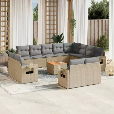 Set Divano da Giardino 13 pz con Cuscini Beige Misto Polyrattan