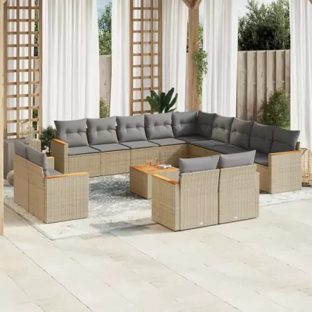 Set Divano da Giardino 14 pz con Cuscini Beige Misto Polyrattan