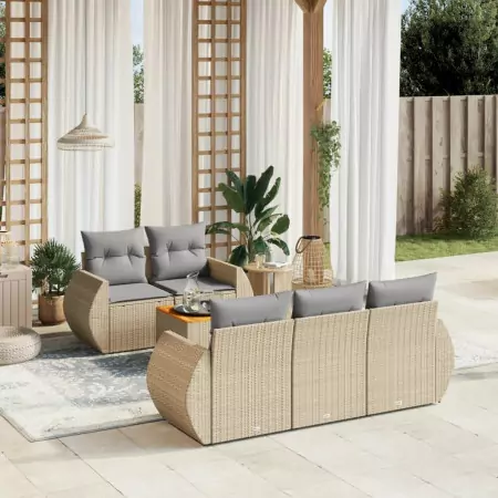 Set Divano da Giardino 6 pz con Cuscini Beige in Polyrattan