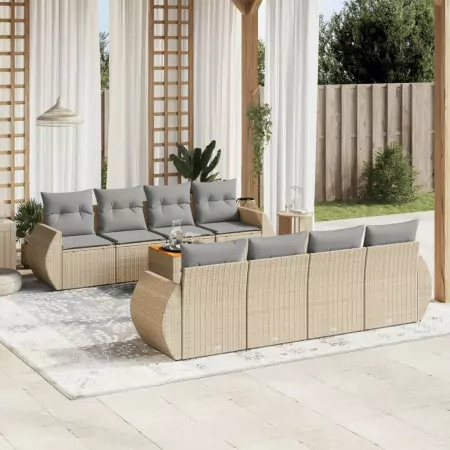 Set Divano da Giardino 9 pz con Cuscini Beige in Polyrattan