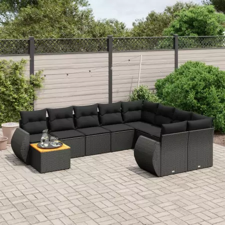 Set Divani da Giardino 10pz con Cuscini in Polyrattan Nero