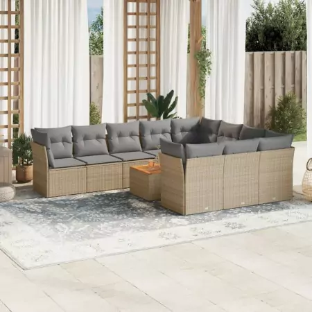 Set Divano da Giardino 11 pz con Cuscini Beige Misto Polyrattan