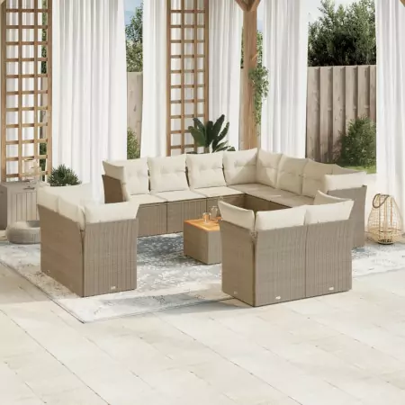 Set Divani da Giardino 12 pz con Cuscini Beige in Polyrattan