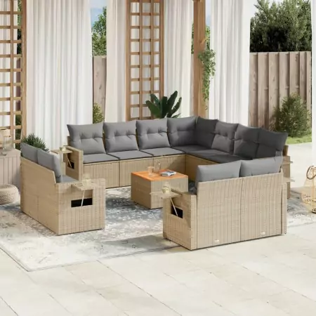 Set Divano da Giardino 12 pz con Cuscini Beige Misto Polyrattan