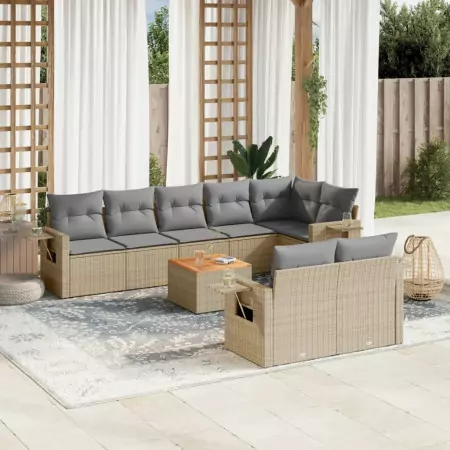 Set Divano da Giardino 9 pz con Cuscini Beige Misto Polyrattan