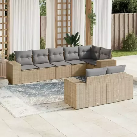 Set Divano da Giardino 8 pz con Cuscini Beige in Polyrattan