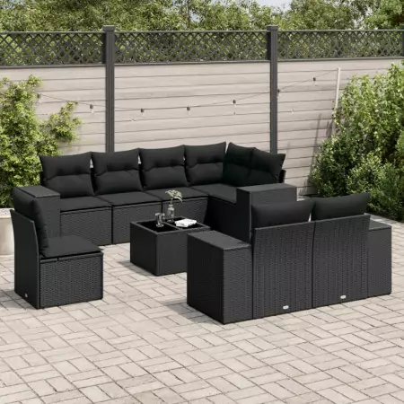 Set Divani da Giardino 9 pz con Cuscini Nero in Polyrattan