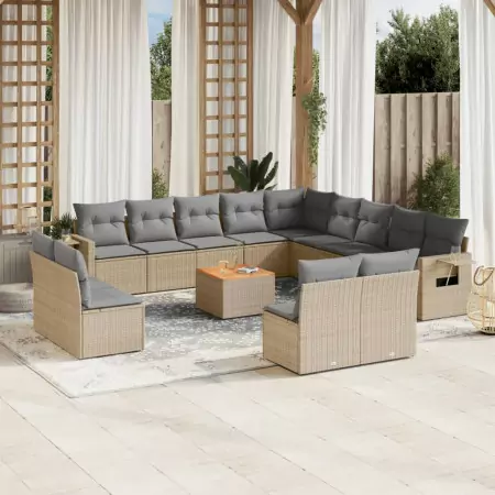 Set Divano da Giardino 14 pz con Cuscini Beige Misto Polyrattan