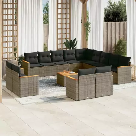 Set Divani da Giardino 14pz con Cuscini in Polyrattan Grigio