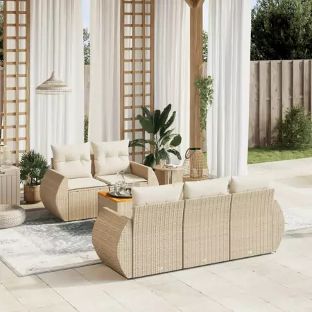 Set Divano da Giardino 6 pz con Cuscini Beige in Polyrattan