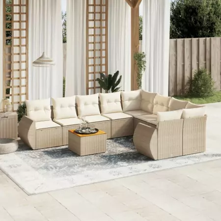 Set Divano da Giardino 9 pz con Cuscini Beige in Polyrattan