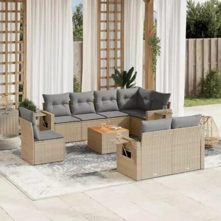 Set Divano da Giardino 9 pz con Cuscini Beige Misto Polyrattan