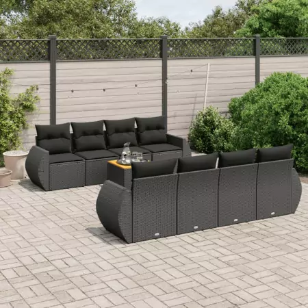 Set Divani da Giardino 9 pz con Cuscini Nero in Polyrattan