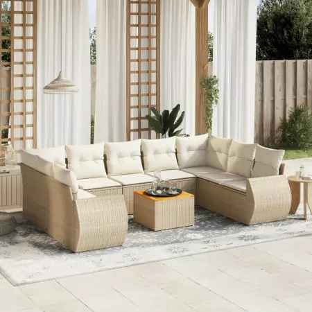 Set Divano da Giardino 10 pz con Cuscini Beige in Polyrattan