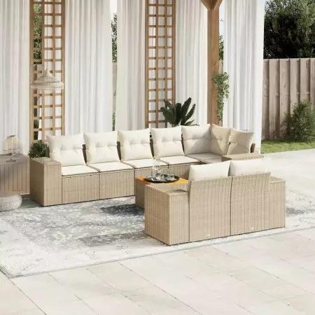 Set Divano da Giardino 9 pz con Cuscini Beige in Polyrattan