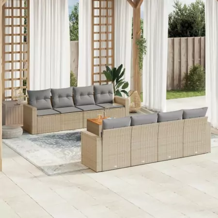 Set Divano da Giardino 9 pz con Cuscini Beige in Polyrattan