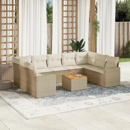 Set Divano da Giardino 10 pz con Cuscini Beige in Polyrattan