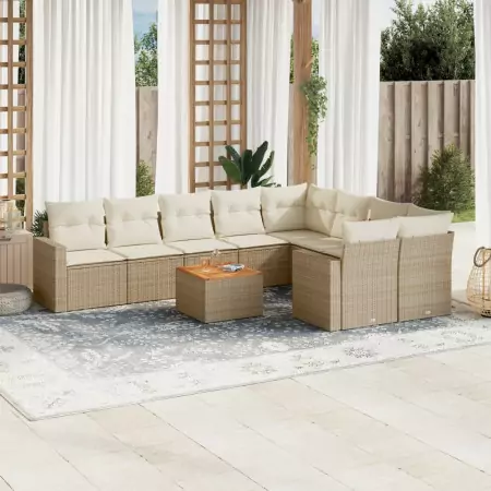 Set Divano da Giardino 10 pz con Cuscini Beige in Polyrattan