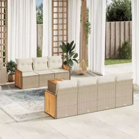 Set Divano da Giardino 8 pz con Cuscini Beige in Polyrattan