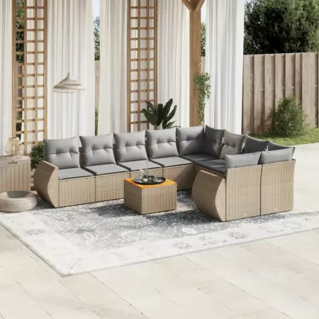 Set Divano da Giardino 10 pz con Cuscini Beige in Polyrattan