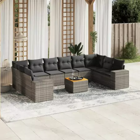 Set Divani da Giardino 11 pz con Cuscini in Polyrattan Grigio