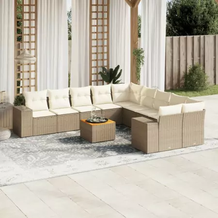 Set Divani da Giardino 11 pz con Cuscini Beige in Polyrattan