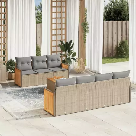 Set Divano da Giardino 8 pz con Cuscini Beige in Polyrattan