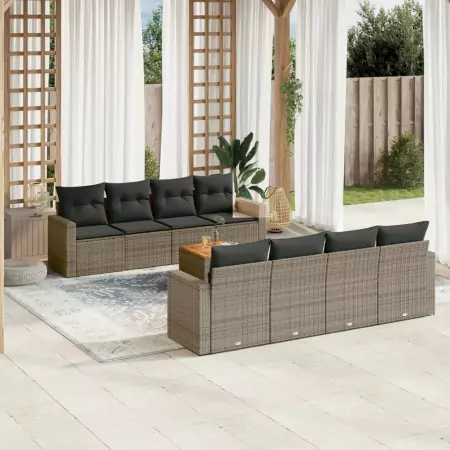 Set Divano da Giardino 9 pz con Cuscini Grigio in Polyrattan